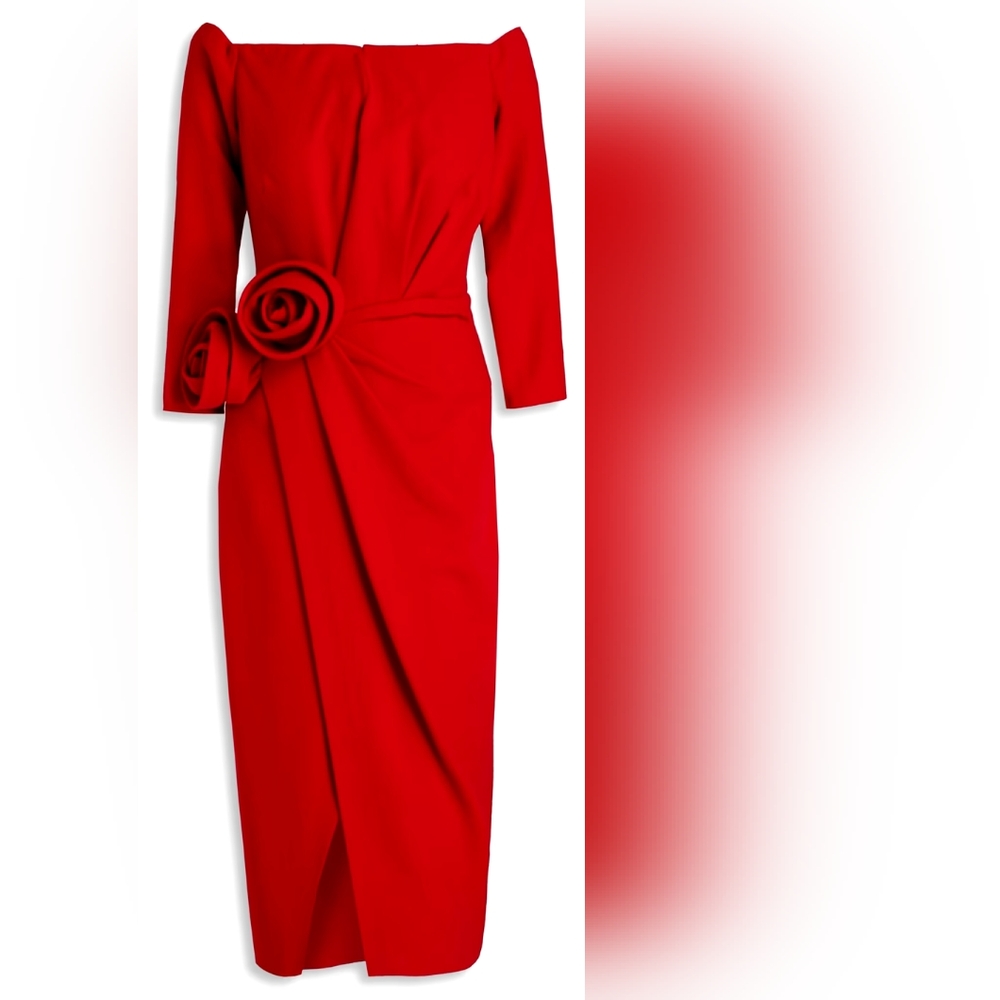 ^$3,490 OSCAR DE LA RENTA RED WOOL ROSETTE ELEGANT DRESS US 0 - Picture 5 of 10